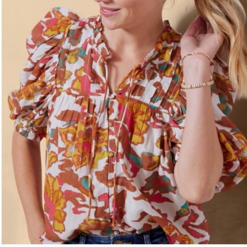 Cleobella Multicolor Floral Puff-Sleeve Peasant Blouse - Picture 5 of 10
